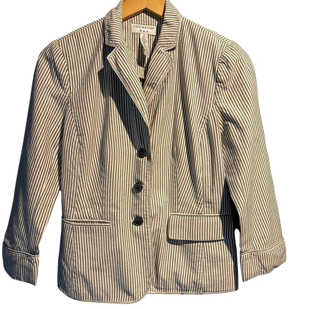 Covington Size 4 Vintage Striped Blazer Ladies Charcoal Cream Minimalist